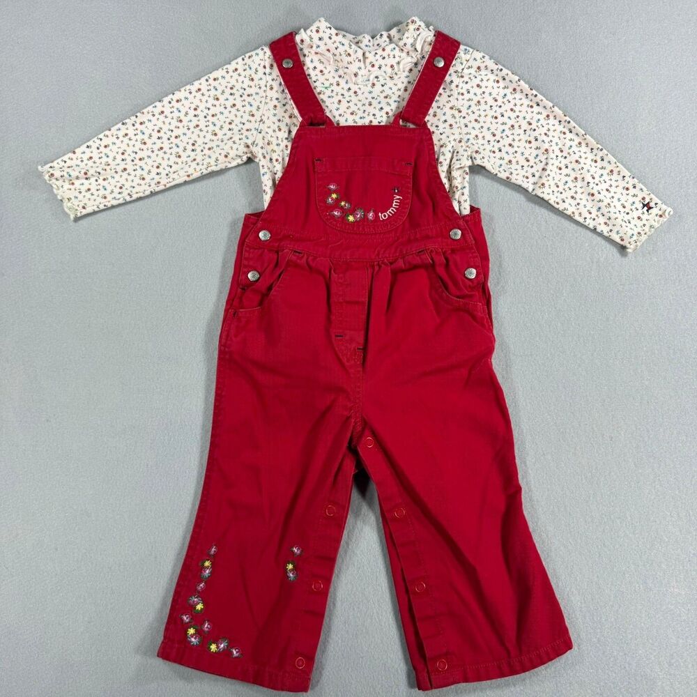 Tommy Hilfiger Baby Girl 12-18M Red Corduroy Overalls Floral Bodysuit Set 2Pc